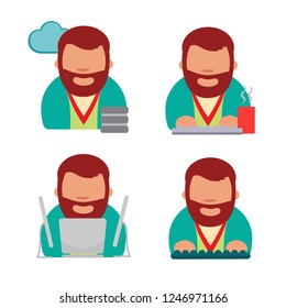 Vector icon of geeks. The guy with the beard in the headphones is holding a tablet. Prints on the keyboard. Office worker. Avatar of social networks. Set of flat icons. Brutal bearded