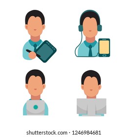 Vector icon of geeks. The guy with the beard in the headphones is holding a tablet. Prints on the keyboard. Office worker. Set of flat icons. Young slim guy in a suit, in a shirt and tie. White collar