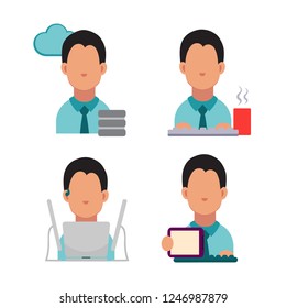 Vector icon of geeks. The guy with the beard in the headphones is holding a tablet. Prints on the keyboard. Office worker. Young slim guy in a suit, in a shirt and tie. White collar