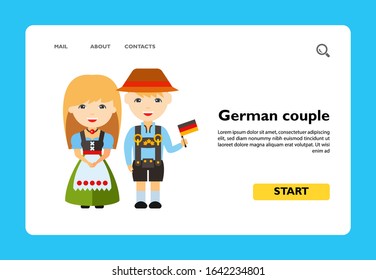 Vector icon of German couple in national dress and with flag. German people, national clothing, German culture. Germany concept. Can be used for topics like travelling, tourism, geography