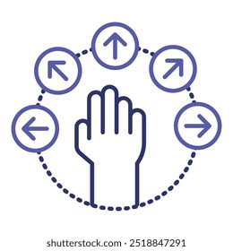 Vector icon for Gesture Control. Hand with arrows.  Simple line icon illustrating hand gesture interfaces for device control and accessibility. 