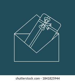 Icono vector de la tarjeta regalo en un sobre de correo.Icono de línea vector. Pictograma. Concepto de pedidos de mobyle