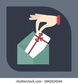 Vector icon  of the gift card in a mail envelope.  Vector  line icon.  Pictogram.  Concept of mobile ordering