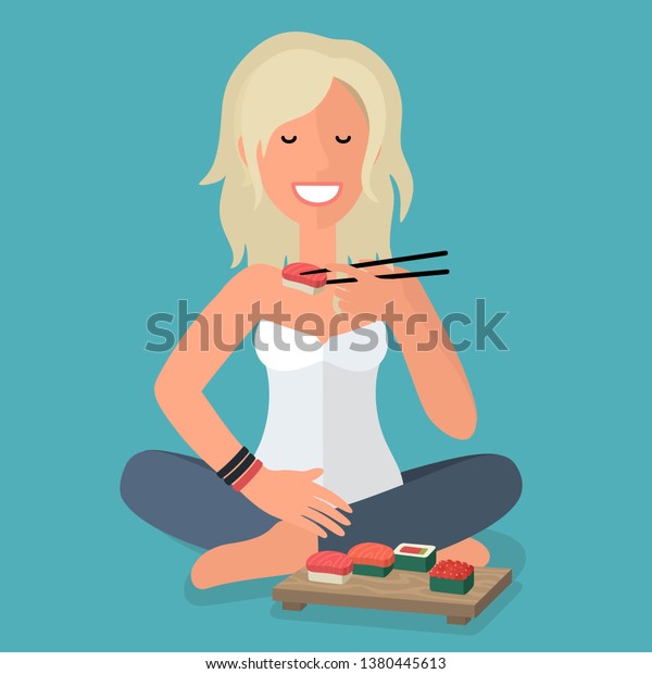 ベクターアイコンの女の子 金髪の女の子が寿司を食べます あるヨーロッパ人の女の子が すし を手に中国の箸を持って床に座っている マグロを使った女性のミニマリズム的な食べ方を描いたイラスト のベクター画像素材 ロイヤリティフリー
