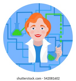 Vector icon. Girl doctor with flask in hand. Flat design.
