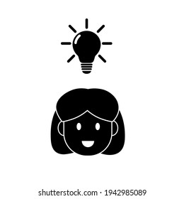 Vector icon of a girl having an idea. Smart female having a bright idea Iconic girl character head and a glowing light bulb above her Flat icon vector cartoon illustration isolated on white background