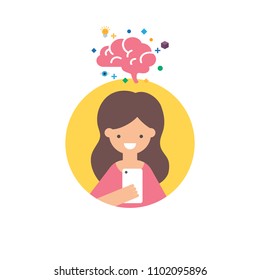 Vector Icon Of A Girl With Smartphone Using Brain Training App