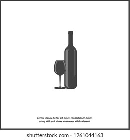 Vector icon of a glass and bottle. Dark bottle and glass goblet symbol icon on white isolated background. Layers grouped for easy editing illustration. For your design.