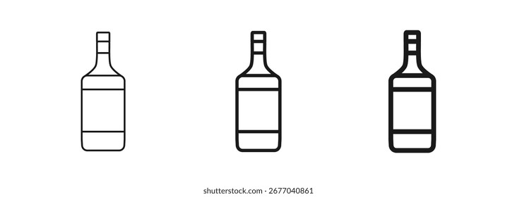 Icono de Vector de una botella de vidrio ideal para envasado de vinos, whiskys, licores o licores. Perfecto para su uso en bar, restaurante, marca de bebidas, diseño de alcohol. Estilos de contorno delgados, regulares y en negrita