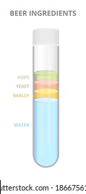 Vector icon of a glass test tube with beer ingredients. Hops, yeast, barley, water. Scientific illustration isolated on a white background. Beer brewing concept. Several layers on top of each other.