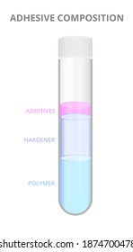 Vector icon of a glass test tube with a solvent free two‑component adhesive composition isolated on white background. Polymer or resin, hardener, additives. Chemistry infographic, gluing, sticking.