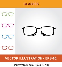 Vector Icon Of Glasses With Title & Small Multicolored Icons. Eps-10.