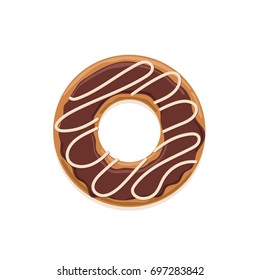 Vector icon of glazed dark chocolate donut with white chocolate stripes