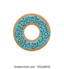 Vector icon of glazed donut with white chocolate sprinkles and blue cream