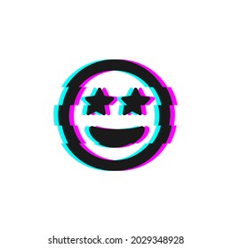 Vector icon of glitch emoji with stars in eyes. Glitch emoticon symbol isolated on white background. Vector EPS 10