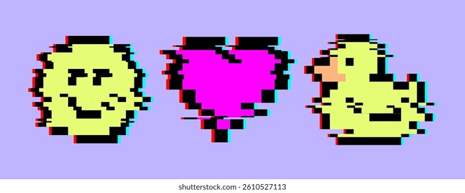 Vector icon of glitch funny emoji. Y2k Pixel Heart, Rubber Duck, Smile Stickers for collage. Glitch emoticon symbol isolated for retro futuristic interface. Vector retro distorted Acid illustration