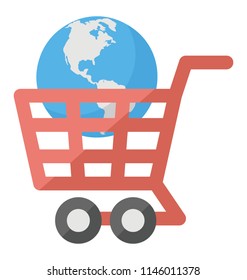 Vector icon of global shopping concept with shopping cart containing globe