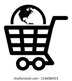Vector icon of global shopping concept with shopping cart containing globe