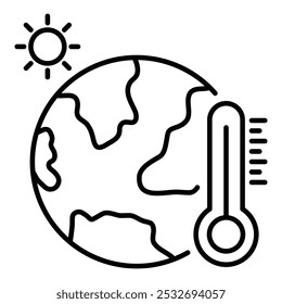 Ícone de vetor do aquecimento global. Este ícone representa a Terra com um termômetro, simbolizando o aquecimento global e as mudanças climáticas. Ideal para campanhas de sensibilização ambiental e esforços de ação climática.