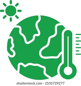 Ícone vetorial do aquecimento global. Este ícone mostra a Terra com um termômetro, simbolizando o impacto das mudanças climáticas e a urgência de enfrentar o aquecimento global.