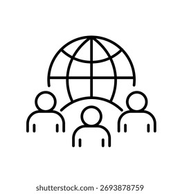 Ein Vektorsymbol einer Globus- und Diversitätsgruppe, das kulturelle Sensibilität und globale Inklusion repräsentiert und im Stil mit editierbarem Strich erstellt wurde