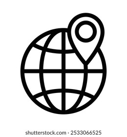 Icono de Vector de un globo terráqueo con un pin de ubicación, que simboliza la navegación global, los viajes y la conectividad mundial. Trazo editable.