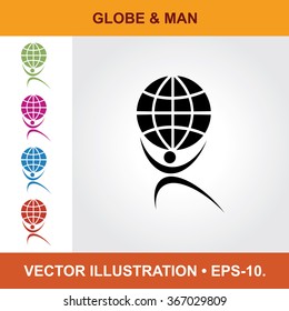 Vector Icon Of Globe & Man With Title & Small Multicolored Icons. Eps-10.