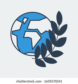 Vector icon of a globe and a palm branch. It represents world peace