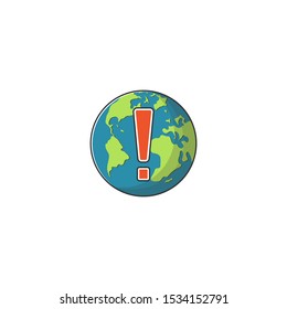Vector icon with globe. Planet Earth with exclamation mark. Flat graphic illustration for templates, web sites, infographics and printed materials.

