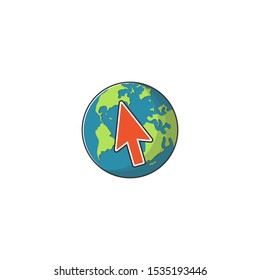 Vector icon with globe. Planet Earth with cursor. Flat graphic illustration for templates, web sites, infographics and printed materials.