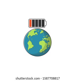 Vector icon with globe. Planet Earth with battery. Flat graphic illustration for templates, web sites, infographics and printed materials.