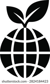Vector icon of a globe with two leaves on top, representing environmental sustainability, green energy, and global ecology, isolated on white background.