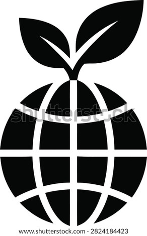 Vector icon of a globe with two leaves on top, representing environmental sustainability, green energy, and global ecology, isolated on white background.