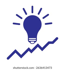 Vector icon of a glowing light bulb above a rising graph, symbolizing business growth, innovation, ideas, and strategic progress in a modern flat design