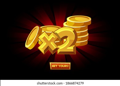 Vector icon of gold coins doubling bonus. Illustration of X2 winning the game, luck, prize.