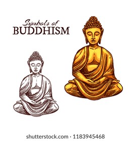 Vector icon of golden Buddha statue in Zen meditation spirit, Buddhist monastery and Indian, Chinese or Asian religious sign. Buddhism religion sketch symbol