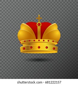 Vector icon of golden crown with red stones and cross. Volume gradient diadem isolated on background. Shiny realistic jewel used for a logo, label, certificate or diploma creations.