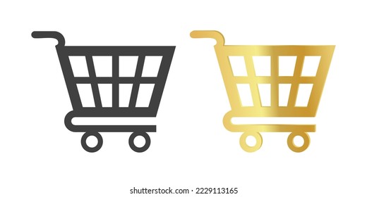 Icono vector del carro de la compra dorado. Ilustración vectorial de la cesta de la compra de oro. Tienda en línea.