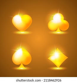 Icono vector del traje dorado del símbolo de la tarjeta de juego. As de espadas corazón de póquer, el símbolo de la tarjeta del casino de diamantes