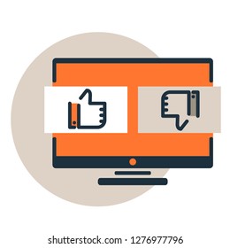 Vector icon of good and bad reviews monitoring. Thumb up and down icons on monitor. E commerce marketing and smm cervice icon. Trendy flat line design style