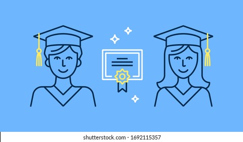 Icono vector con graduado y chica. Ilustración lineal de los estudiantes en batas y sombreros de graduación. Pictograma del diploma. Concepto de escuela, centro educativo, universidad o universidad.