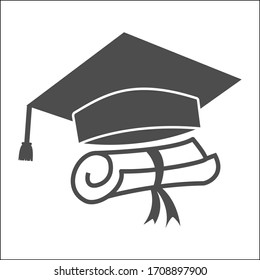 Vector icon of the graduation cap and diploma. A simple stock design, blank, outline, isolated on white background