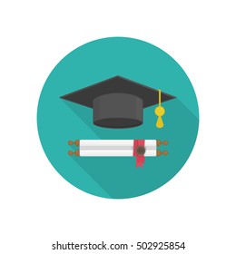 Vector icon of Graduation cap and diploma rolled scroll. Finish education symbol with long shadow. Graduation, education concept.