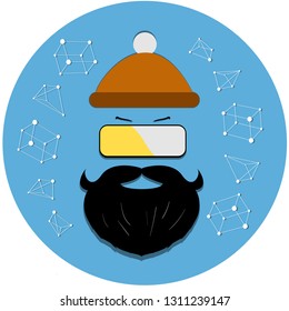 vector icon, graphic 2d portrait of
  stylish bearded man in virtual reality  glasses and orange hat