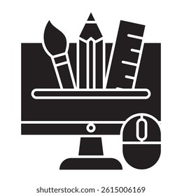 Vector icon of graphic design tools displayed on a computer screen. Includes a brush, pencil, ruler, and mouse. Represents digital design, creativity, and art