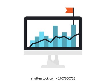 Vector Icon Graphs Of Success On Computer Screen, Vector Business Of Graph To Success On Monitor 