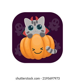 Vector icon with a gray kitten in a Satan costume. Stylish and cute Halloween decoration