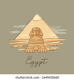 Icono vector de la Gran Esfinge de Giza aislado en la ilustración vector hecha a mano de las pirámides de Egipto. En un estilo de caricatura.