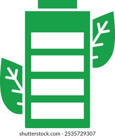 Ícone de vetor da Bateria Verde. Este ícone apresenta um símbolo de bateria com folhas, representando armazenamento de energia sustentável e soluções de energia eco-friendly.