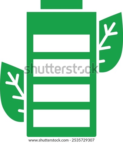 Vector icon of Green Battery. This icon features a battery symbol with leaves, representing sustainable energy storage and eco-friendly power solutions.